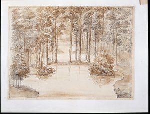 Chiswick, návrh pro vytvoření vodní lesní zahrady (pero a inkoust a pero tužkou) od William Kent