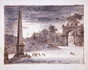 Chiswick, Brána Burlington Lane a Obelisk v měsíčním světle s Kentem sedícím u obelisku a sněním as králíky ve hře, kolem 1732 (pero, inkoust a mytí na papíře) od William Kent