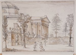 Chiswick, pohled na vilu ze strany sochy Palladia (pero a inkoust a pero tužkou na papíře) od William Kent