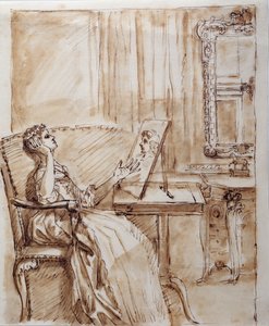Lady Burlingtonová sedící ve svém zahradním pokoji a obdivující kresbu starého mistra (?) (pero a inkoust na papíře) od William Kent