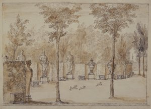 Pohled do Exedry v Chiswick (pero a inkoust s hnědým praním na papíře) od William Kent