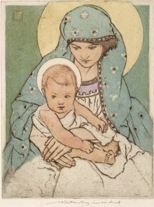 Panna Maria s Kristem (ručně kolorovaná suchá jehla) od William Lee Hankey