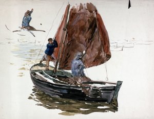 Muž a chlapec na palubě malé plachetnice. Akvarel od William Lionel Wyllie