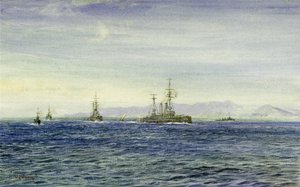 HMS "Albemarle", v zálivu Moray (Skotsko), trojúhelníkový vstup do Severního moře, tato válečná loď sloužila během první světové války jako hlídkový člun pro loďstvo v Lamanšském průlivu, poté sloužila jako ledoborec na pomoc lodi Archangel v roce 1916. od William Lionel Wyllie