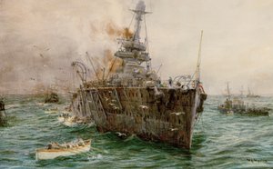 HMS "Audacious" se potápí u jezera Loch Swilly po nárazu na minu, 27. října 1914, počátek 20. století (akvarel) od William Lionel Wyllie