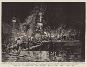 Přesčas, dokončení HMS Magnificent, Noční scéna v Chatham Dockyard od William Lionel Wyllie