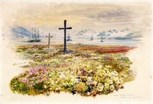 Search Bay (Research Bay, Tasmánie, Austrálie), dva kříže zasazené v záhonech s loděmi v dálce. Akvarel od William Lionel Wyllie