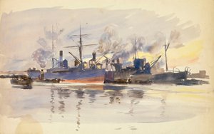 Skica obchodních lodí v přístavu, konec 19. až začátek 20. století (akvarel) od William Lionel Wyllie