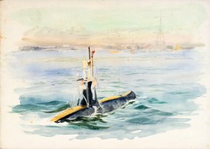 Studie ponorky třídy A na cestě, pravděpodobně v přístavu Portsmouth, počátek 20. století (akvarel, grafit) od William Lionel Wyllie