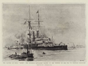 The Salving of HMS Howe, invalidní bitevní loď proplouvající Medway na své cestě do Chatham Dockyard od William Lionel Wyllie