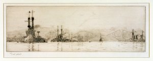 Americké bitevní lodě "New York" a "Texas" u Rosythu, asi 1918 (lept, tupovaný grafitem) od William Lionel Wyllie