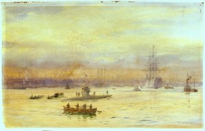 Tento pohled je na přístav na straně Gosportu, kam vplouvá ponorka a před ní je další. od William Lionel Wyllie