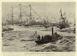 Pohled na vjezd do kanálu v Holtenau, vlevo ukazuje model Three-Decker, ve kterém se konala císařská hostina od William Lionel Wyllie