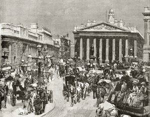 Bank of England a Royal Exchange v devatenáctém století, z „Obrázky Londýna: Kreslené perem a tužkou“, od reverenda Richarda Lovetta, vydáno 1890