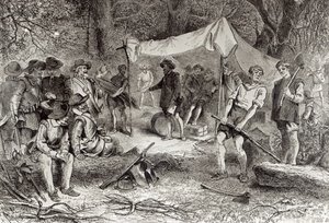 První den v Jamestownu, 14. května 1607, z „Romance a tragédie pionýrského života“ od Augustuse L. Masona, 1883 (rytina) (foto Bundw)