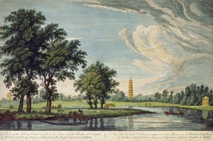 Kew, Pohled na jezero a ostrov z trávníku, s mostem, chrámy Arethusa a vítězství a Velkou pagodou v královských zahradách v Kew od William Marlow