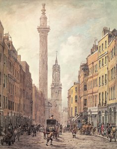 Pohled na Fish Street Hill, památník a sv. Magnus mučedník z Gracechurch Street, Londýn, 1795 (ručně kolorovaná rytina)