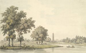 Pohled na jezero a ostrov z trávníku v Kew, 1763. od William Marlow