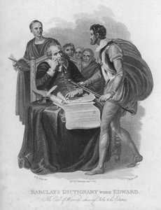 Barclays Dictionary, slovo: Edward, The Earl Of Warren zobrazující tituly ke svým statkům (rytina)