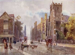 Kostel sv. Botolfa a Corpus College ze schodů Pitt Press, Trumpington Street od William Matthison
