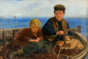 Dva chlapci a pes ve člunu, kolem roku 1871 (olej na plátně)
