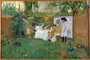 Snídaně venku kolem roku 1888 Mladé ženy v zahradě, jedna z nich je v houpací síti. Obraz Williama Merritta Chase (1849-1916) 1888 Toledo. Muzeum umění od William Merritt Chase