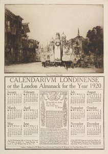 Calendarium Londinense, neboli londýnský almanack pro rok 1920, převýšený pohledem na Cenotaph, Whitehall, 1919