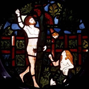 Adam a Eva sbírají ovoce, detail z okna Stvoření od William Morris