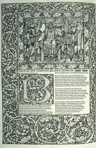Scéna z "Troilus a Criseyde", historická iniciála "B", rukopis s plným okrajem stránky, 1896 od William Morris