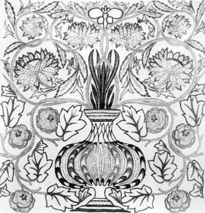 "Květináč", vyšívaný panel navržený Williamem Morrisem (1834-96) a provedený May Morris (čb tisk) od William Morris
