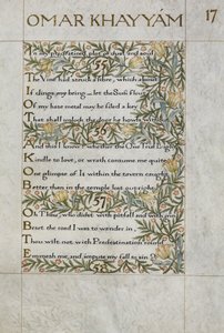 Rubaját Omara Chajjáma; verše 55 - 57. Kaligraficky napsáno a vyzdobeno Williamem Morrisem, s okraji z listů a květin. od William Morris