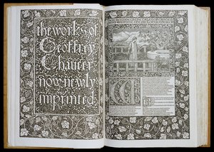 Titulní strana a frontispice z „The Works of Geoffrey Chaucer“, vydané v roce 1896 nakladatelstvím Kelmscott Press (dřevořez) od William Morris