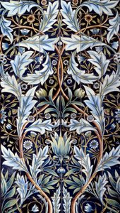 Nástěnný obkladový panel (66 dlaždic) vyrobený Williamem Morrisem (1834-1896) a Williamem Frendem de Morganem (1839-1917) ve fajánsu. Z Membland Hall pro Edwarda Charlese Baringa. Chelsea, Anglie. 1876-1877 Ne. 1x635 m Paříž, musee d