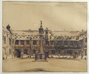 The Front Quad z Corpus Christi College, Oxford (pero a inkoust s mytím na papíře) od William Nicholson