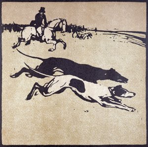 Měsíc únor: Hare Coursing, z „Almanachu dvanácti sportů“, se slovy Rudyarda Kiplinga, poprvé publikoval William Heineman od William Nicholson