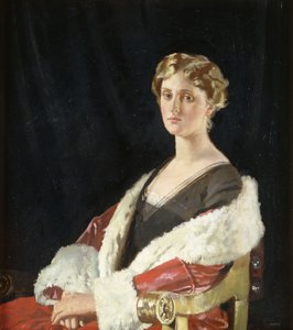 Portrét Nancy Oswald Smith, sedící napůl délky, v červeném kabátě s kožešinou, 1915 od William Orpen