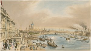 Somerset House, katedrála svatého Pavla a most Blackfriars z mostu Waterloo, c 1840