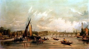 Waterloo Bridge ze západu se závodem lodí (litho) od William Parrott