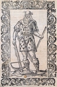 Muž s kožešinovými šaty, kuší a botami se zkroucenou špičkou (příklad základních lyží), ilustrace připisovaná Cesare Vecellio (1521-1601), vydaná v Itálii v 16. století od Nicolas Toussaint Charlet