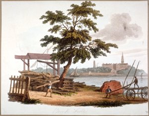 Muži stěhují dřevo v Bankside, Southwark, Londýn, c1810