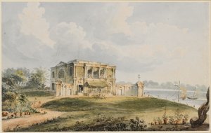 Pohled na dům Charlese Prinsepa, Ishura na řece Hooghly (černá křída, pero a hnědý inkoust s akvarelem na papíře)