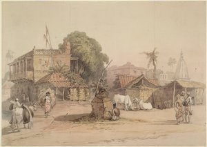Vesnická scéna s malým oltářem „tulsi“ a nosičem vody se svým býčkem, Indie cca 1830-40