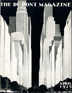 Mrakodrapy, přední strana časopisu DuPont Magazine, duben 1929 od William R. Jr. Hollingsworth