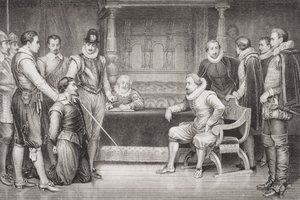 Guy Fawkes (1570-1606) vyslýchaný Jamesem I. (1566-1625) a jeho radou v královské ložnici, z 