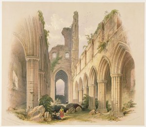 Kirkstall Abbey, Nave and Choir, z „The Monastic Ruins of Yorkshire“, vyryl George Hawkins (1819-52), 1842 od William Richardson