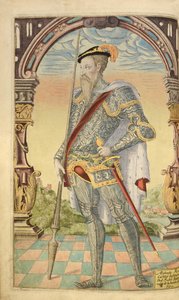 Alphonso XI., král Kastilie a Leónu, z Honor Military a Civil, William Segar, hospoda. Robert Barker, Londýn, 1602 (ručně kolorovaná rytina)