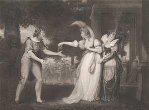 Před vévodským palácem-Rosalind, Celia, Orlando, vévoda..., poprvé vydáno 1800, znovu 1852. od William Satchwell Leney