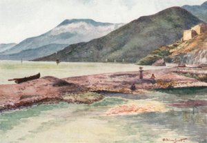 Itálie a Francie, ústí řeky Roya (barevná litografie)