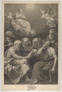 Církevní lékaři prohlížejí knihy a dokumenty a kontemplují Pannu Marii, která ..., 1785