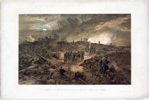 Krymská válka (1853-1856): epizoda obléhání Sevastopolu (Ukrajina), francouzské jednotky mezi ruinami poté, co dobyly Malakoffovu věž, 8. září 1855 (Po dobytí Malakoffu 8. září 1855) - Litografie Williama Simpsona (18